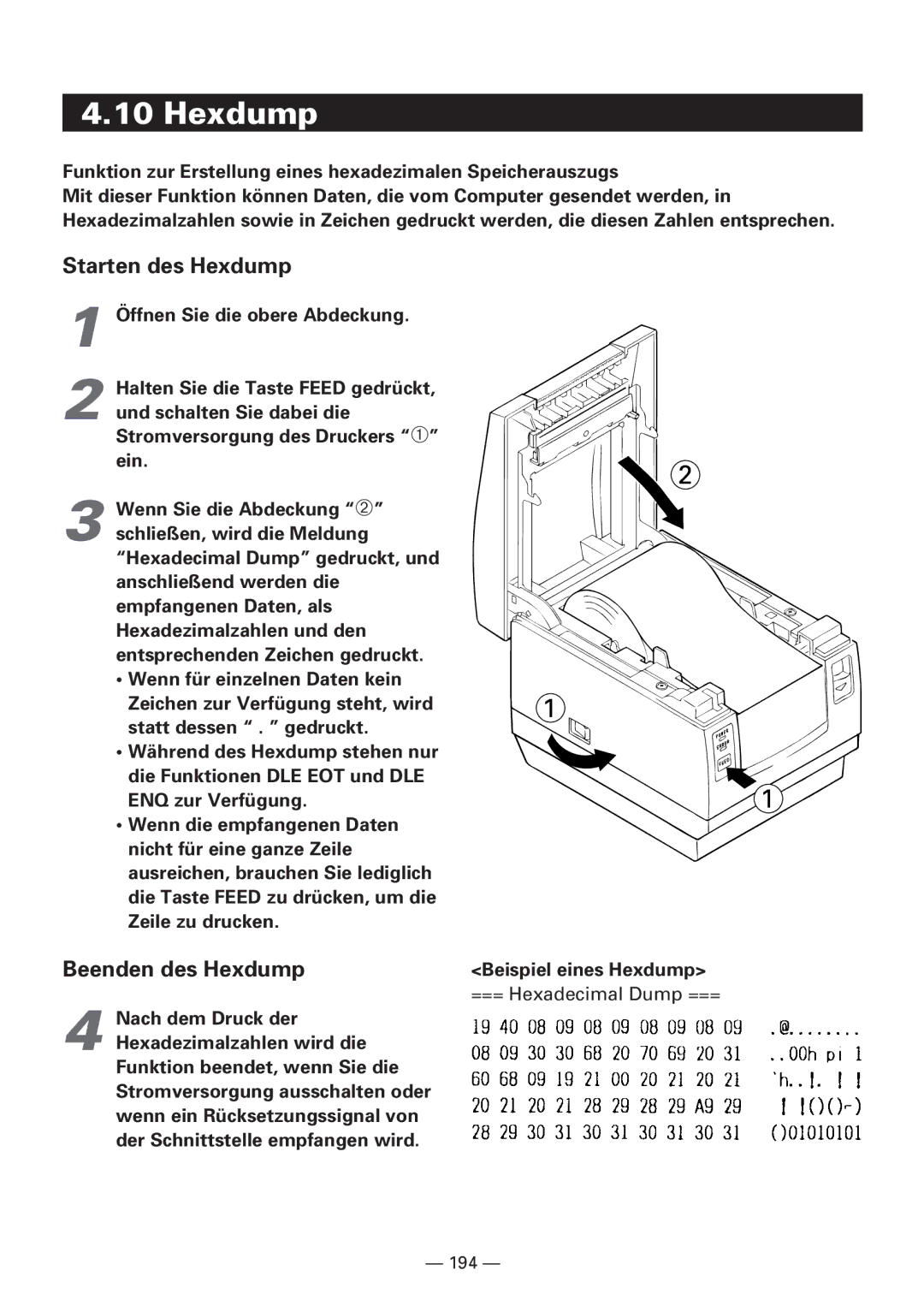 Citizen CBM1000 manual Funktion zur Erstellung eines hexadezimalen Speicherauszugs, Beispiel eines Hexdump 