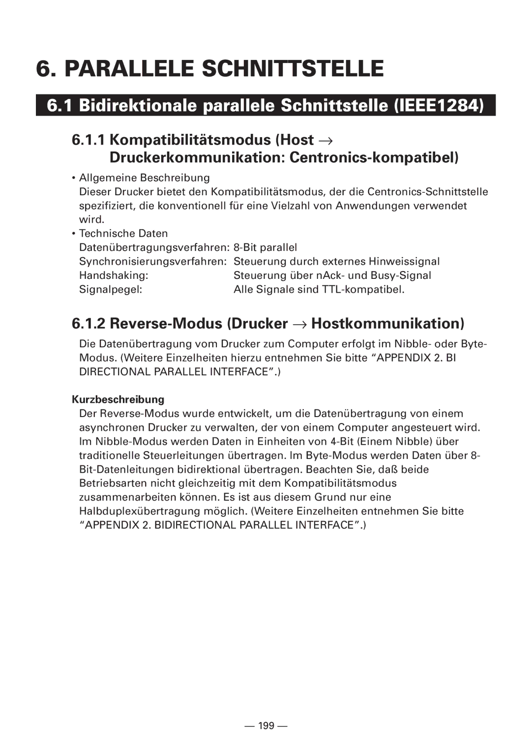 Citizen CBM1000 manual Parallele Schnittstelle, Bidirektionale parallele Schnittstelle IEEE1284, Kurzbeschreibung 