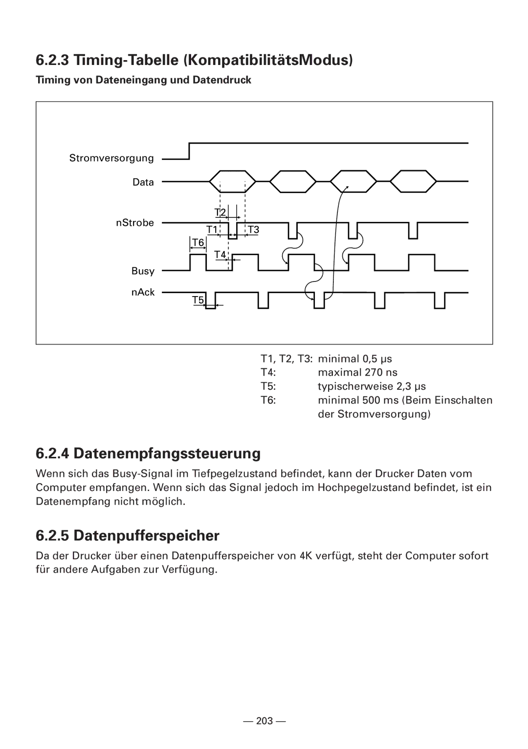 Citizen CBM1000 manual Timing-Tabelle KompatibilitätsModus, Datenempfangssteuerung, Datenpufferspeicher 