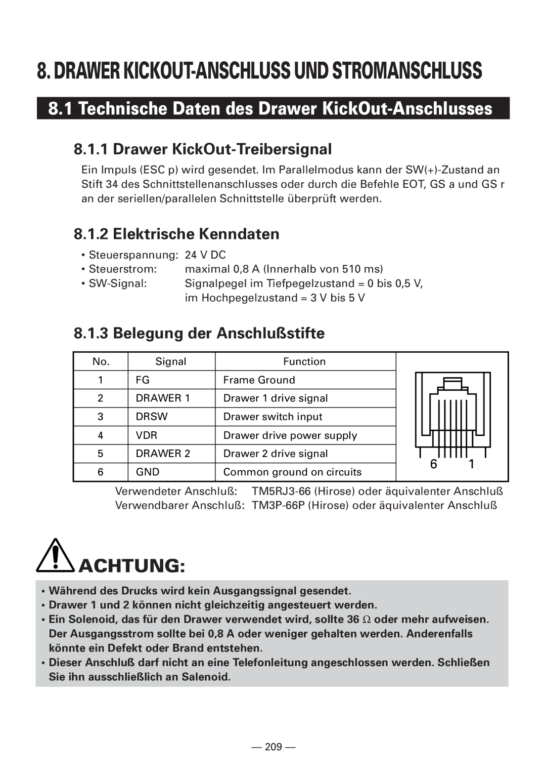 Citizen CBM1000 manual Technische Daten des Drawer KickOut-Anschlusses, Drawer KickOut-Treibersignal 