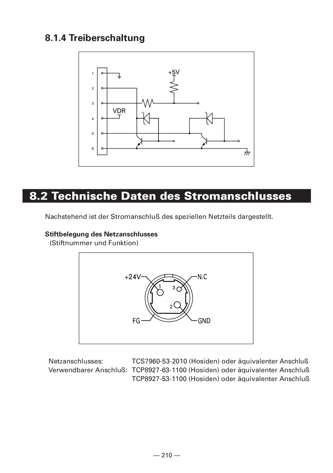 Citizen CBM1000 manual Technische Daten des Stromanschlusses, Treiberschaltung, Stiftbelegung des Netzanschlusses 