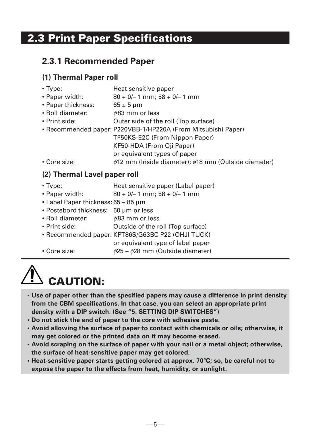 Citizen CBM1000 manual Print Paper Specifications, Recommended Paper 