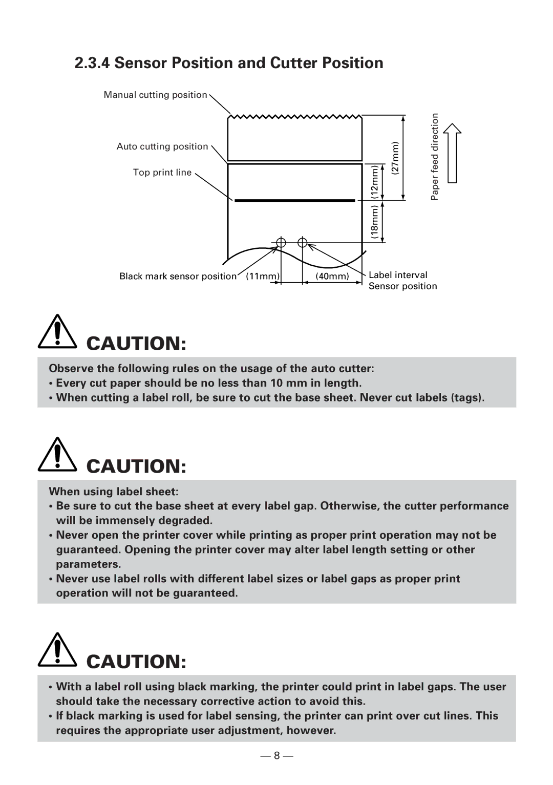 Citizen CBM1000 manual Sensor Position and Cutter Position 