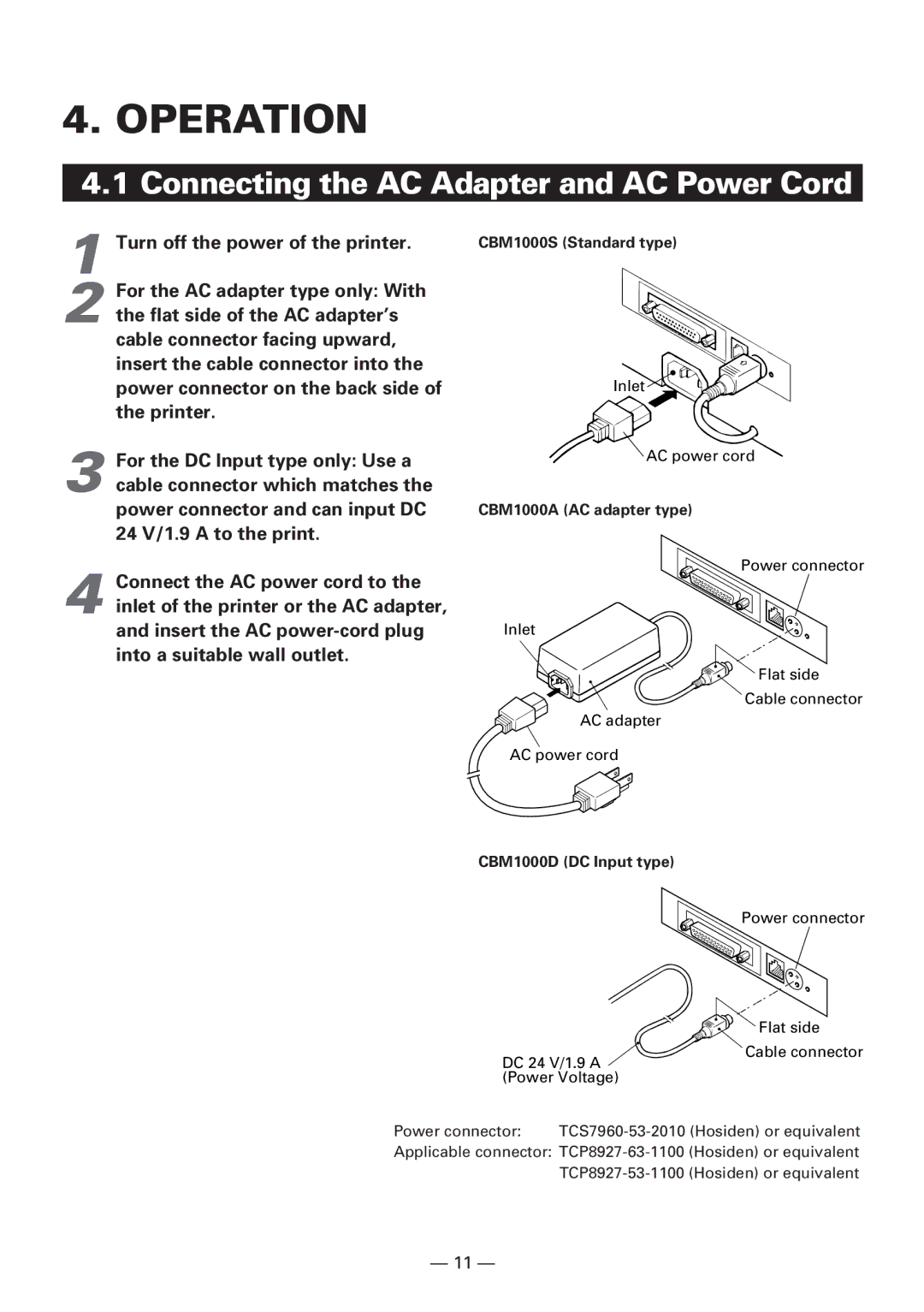 Citizen CBM1000 manual Operation, Connecting the AC Adapter and AC Power Cord 