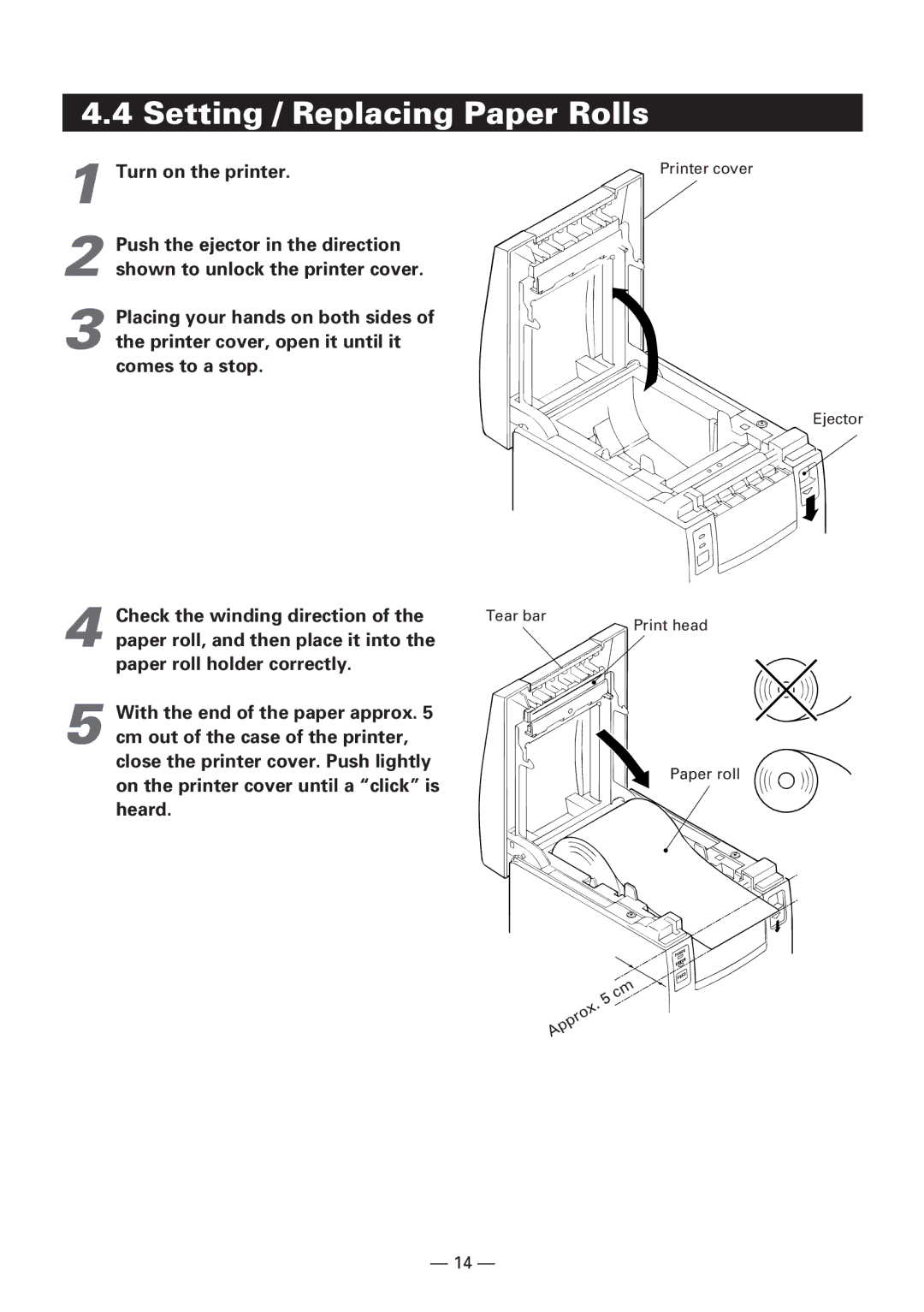 Citizen CBM1000 manual Setting / Replacing Paper Rolls, Turn on the printer, Check the winding direction 