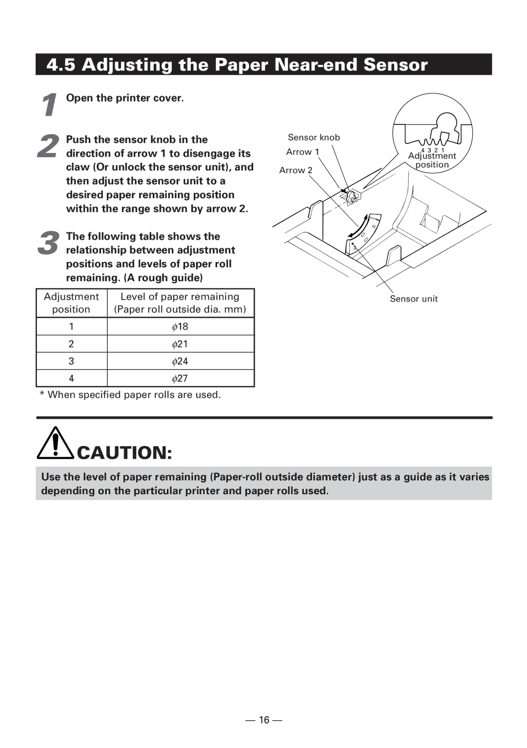 Citizen CBM1000 manual Adjusting the Paper Near-end Sensor 