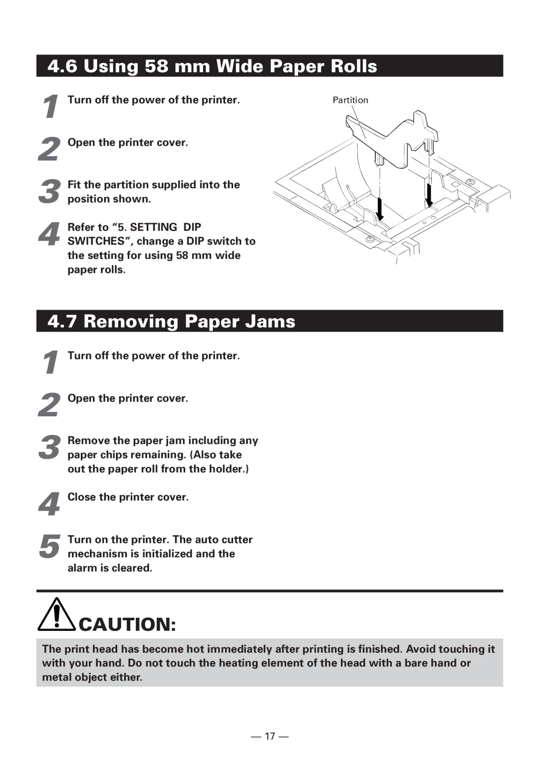 Citizen CBM1000 manual Using 58 mm Wide Paper Rolls, Removing Paper Jams, Turn off the power of the printer 