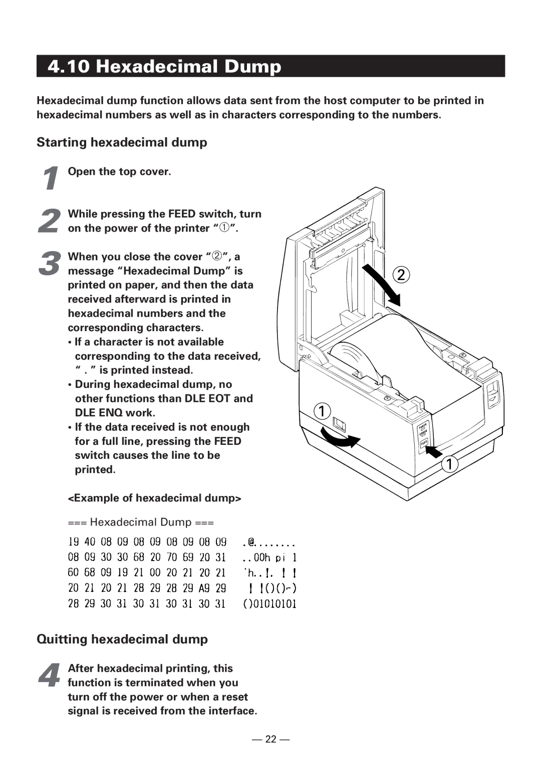 Citizen CBM1000 manual Hexadecimal Dump, Starting hexadecimal dump 