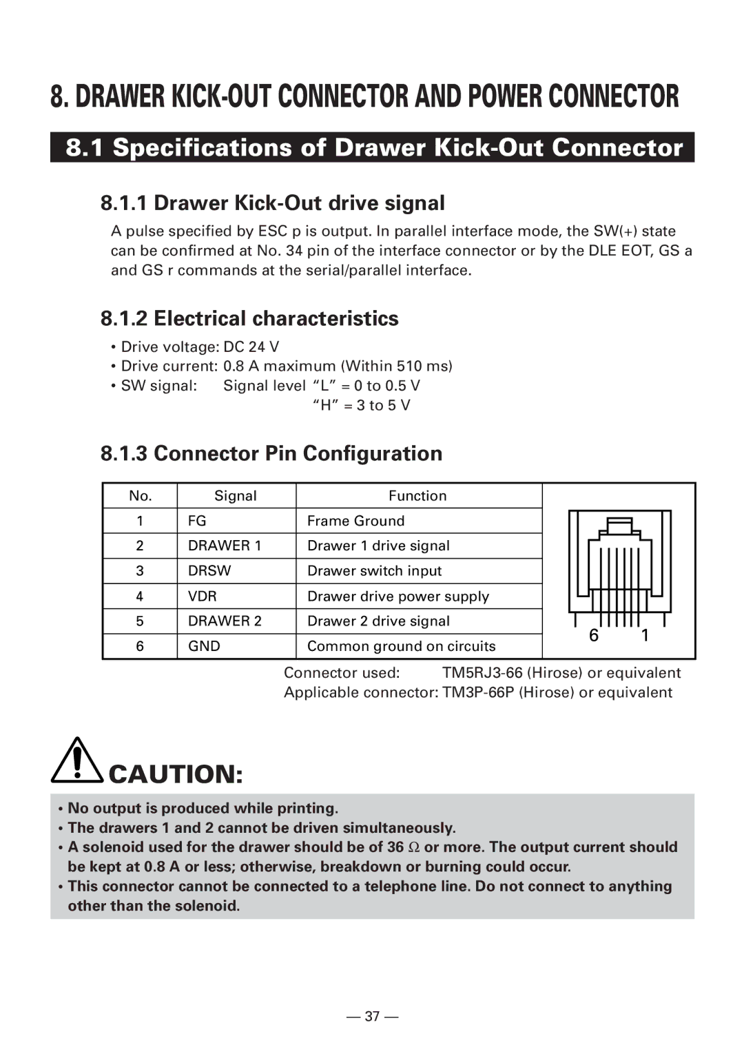 Citizen CBM1000 manual Specifications of Drawer Kick-Out Connector, Drawer Kick-Out drive signal 