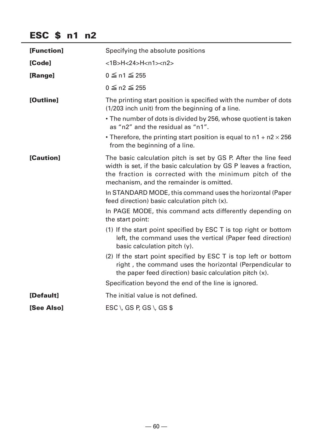 Citizen CBM1000 manual ESC $ n1 n2, Default 