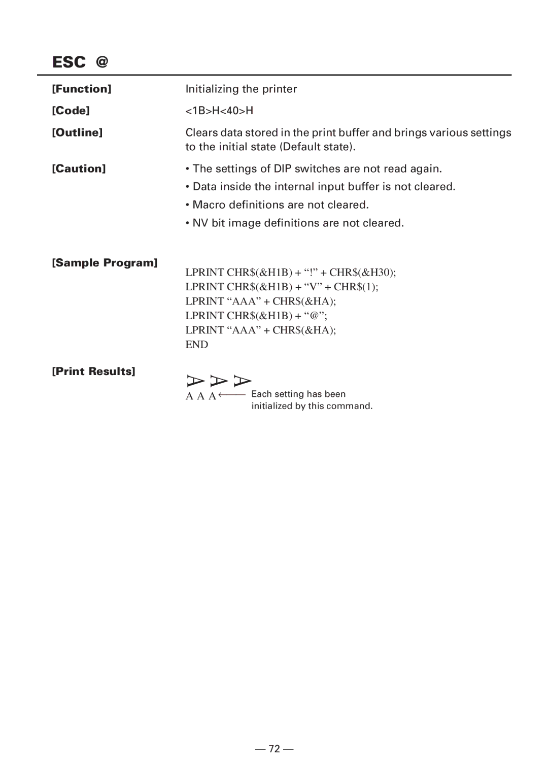 Citizen CBM1000 manual Esc @, Function Code Outline Sample Program Print Results 