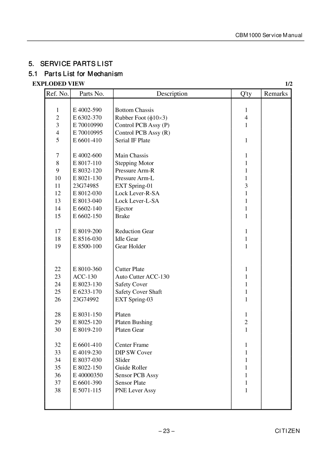 Citizen CBM1000 service manual Service Parts List, Parts List for Mechanism 