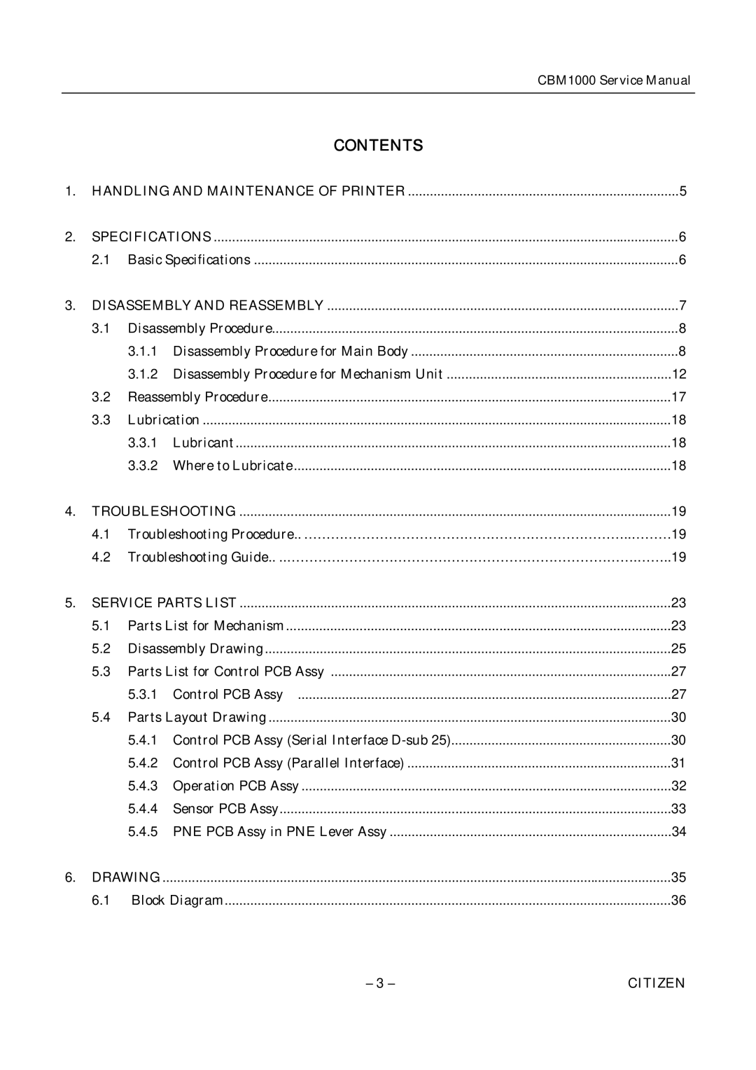 Citizen CBM1000 service manual Contents 