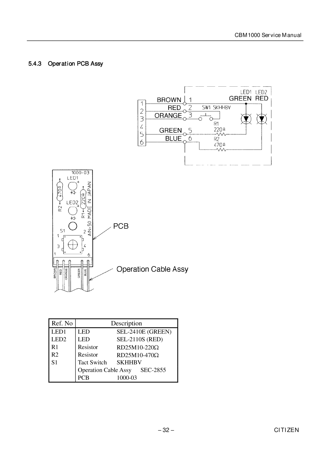 Citizen CBM1000 service manual Ref. No Description, Operation PCB Assy 