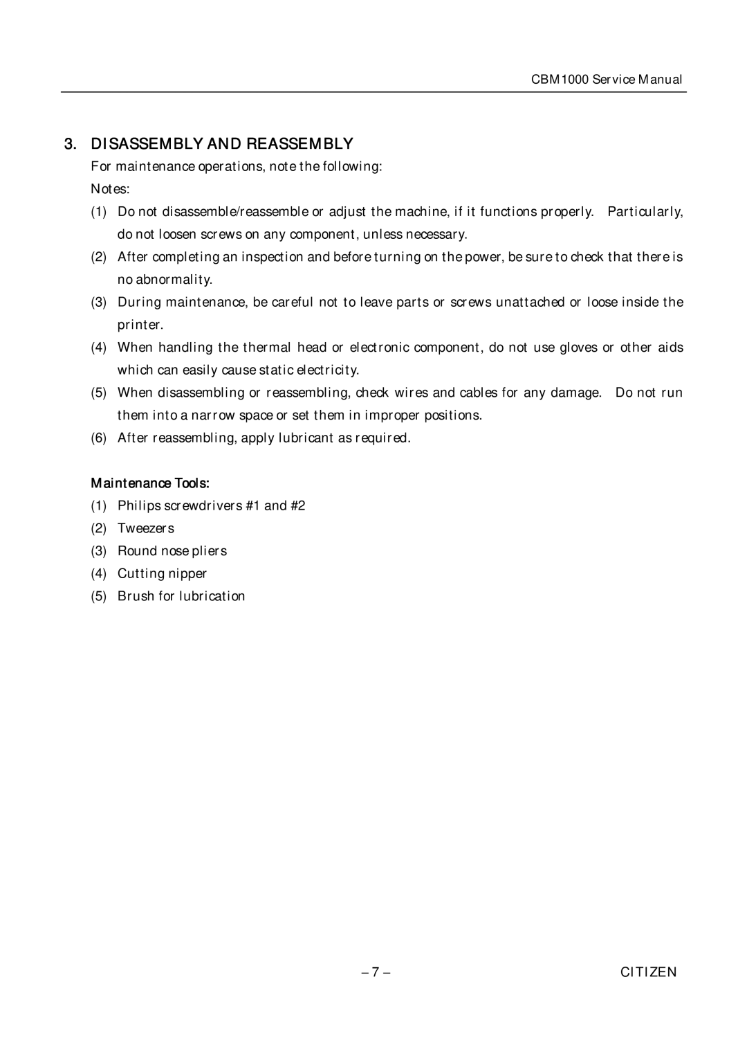 Citizen CBM1000 service manual Disassembly and Reassembly, Maintenance Tools 