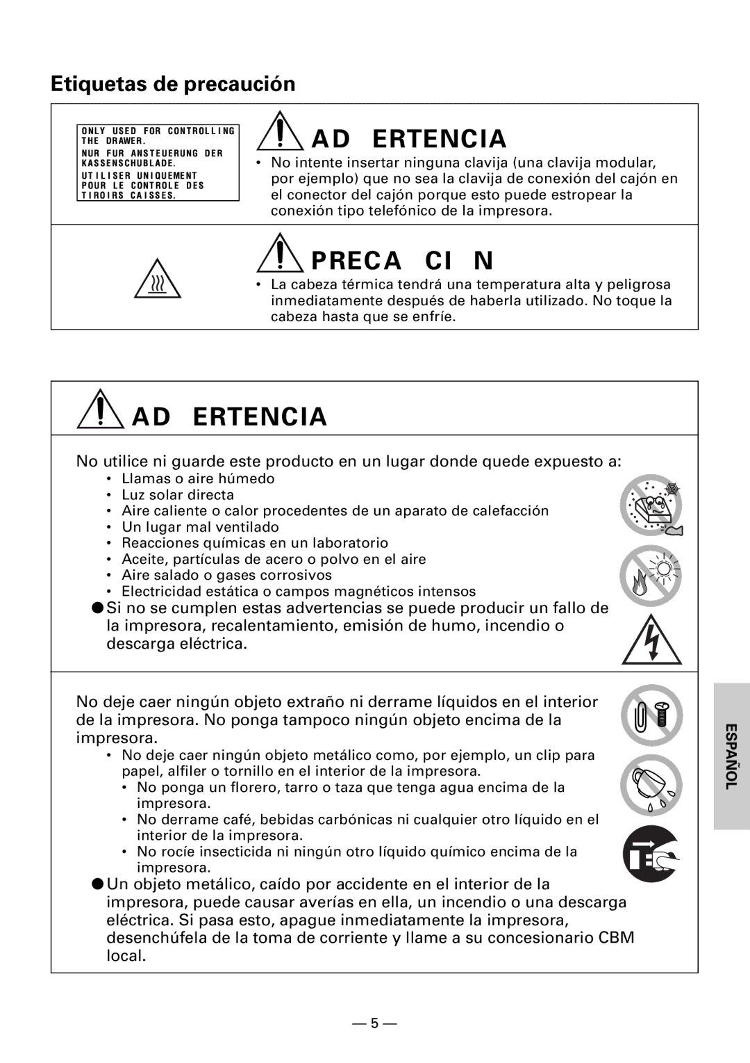 Citizen CBM1000II user manual Etiquetas de precaución 