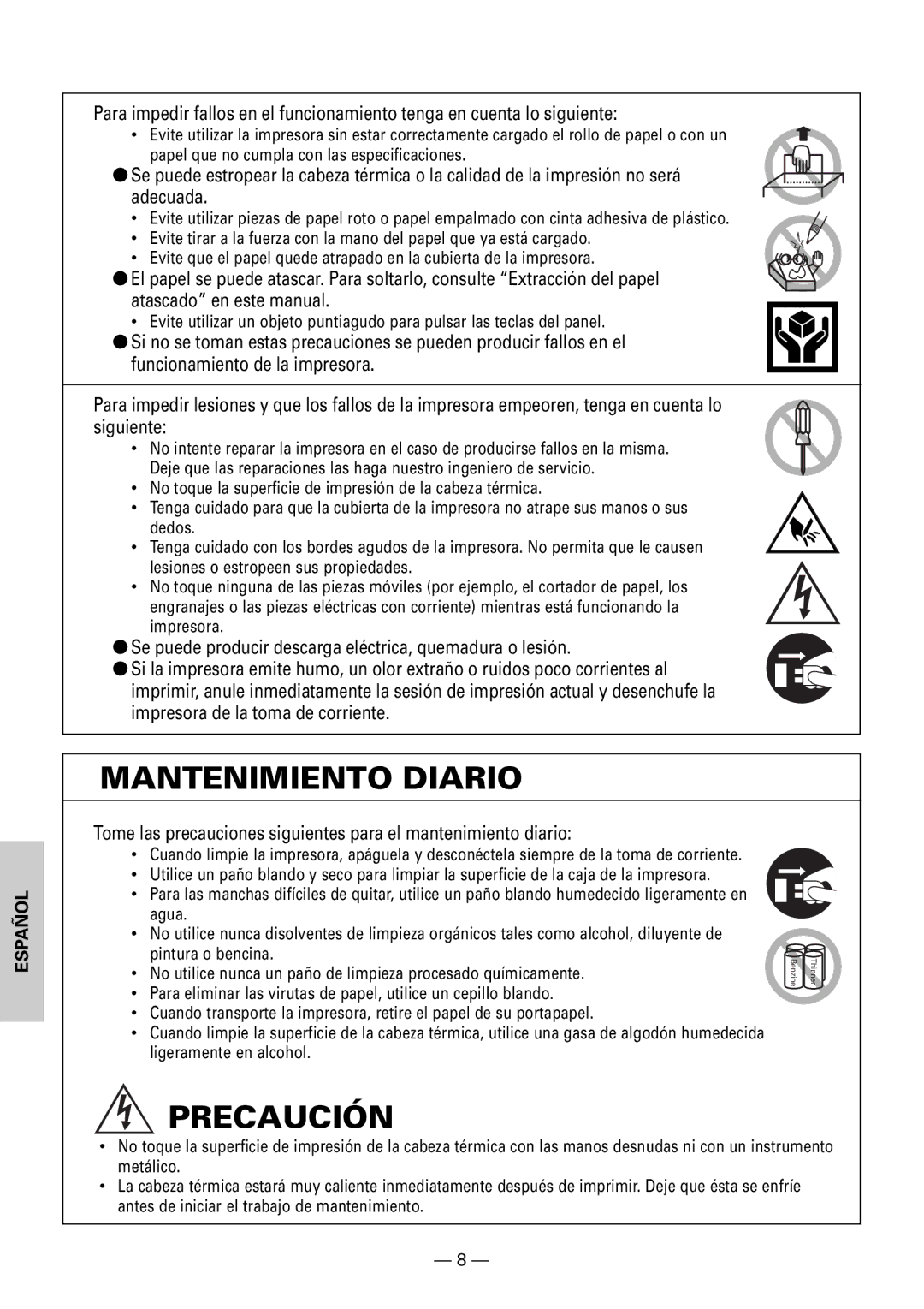 Citizen CBM1000II user manual Mantenimiento Diario, Se puede producir descarga eléctrica, quemadura o lesión 