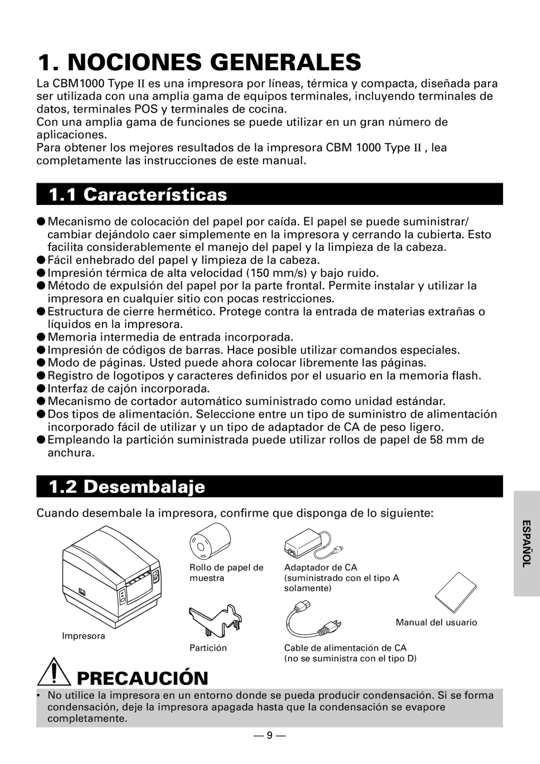 Citizen CBM1000II user manual Nociones Generales, Características, Desembalaje 