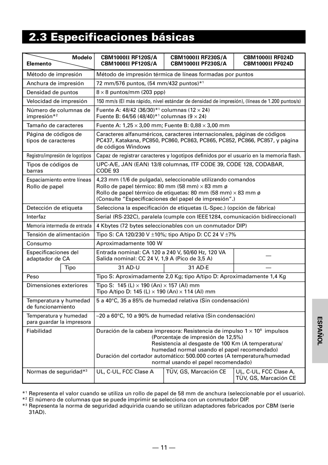 Citizen CBM1000II user manual Especificaciones básicas 