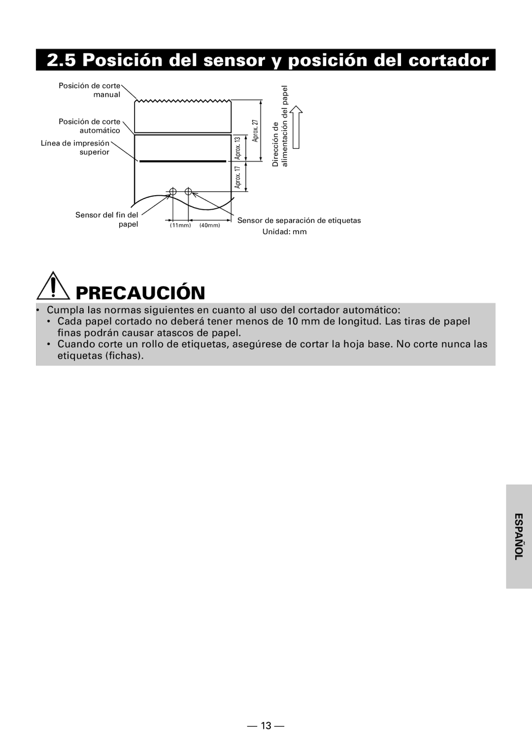 Citizen CBM1000II user manual Posición del sensor y posición del cortador 