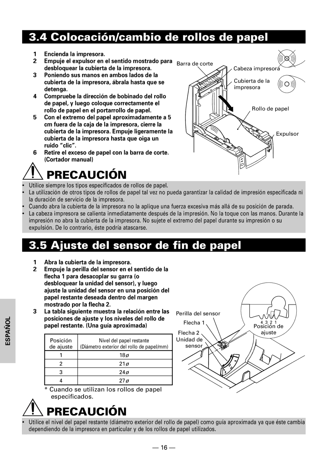 Citizen CBM1000II Colocación/cambio de rollos de papel, Ajuste del sensor de fin de papel, Encienda la impresora 