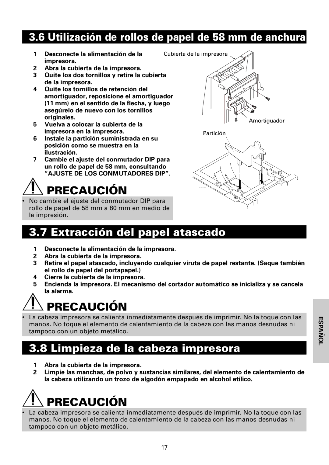 Citizen CBM1000II Extracción del papel atascado, Limpieza de la cabeza impresora, Vuelva a colocar la cubierta de la 