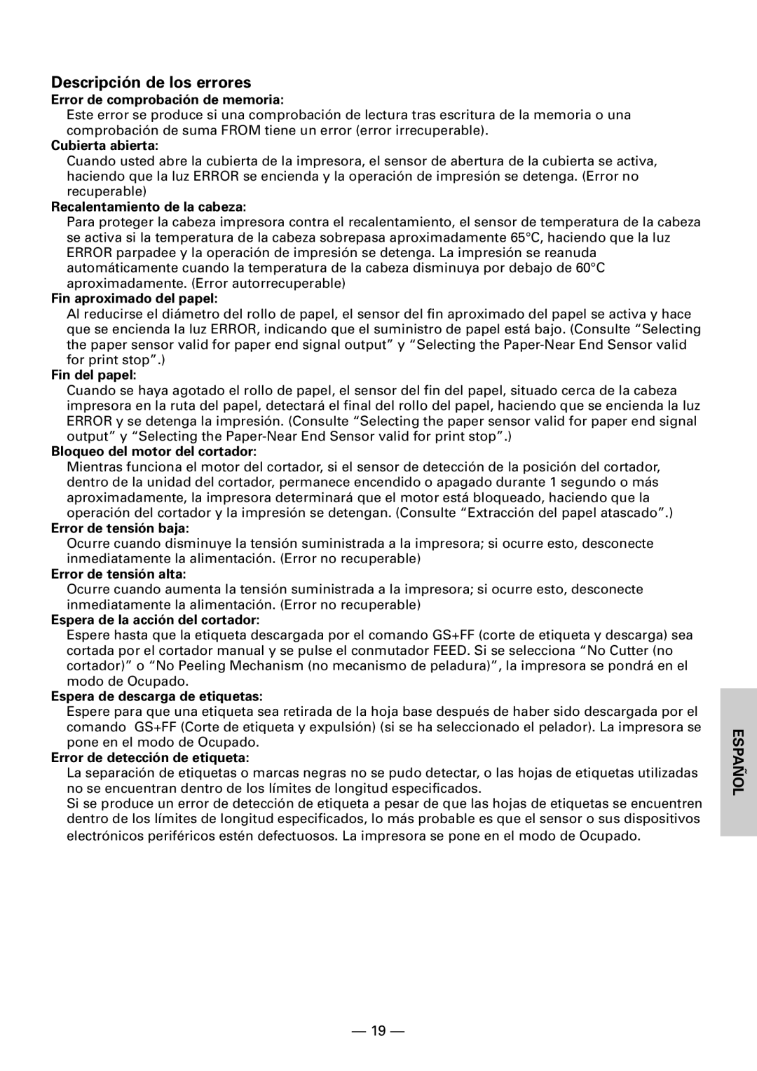 Citizen CBM1000II user manual Descripción de los errores, Error de comprobación de memoria 