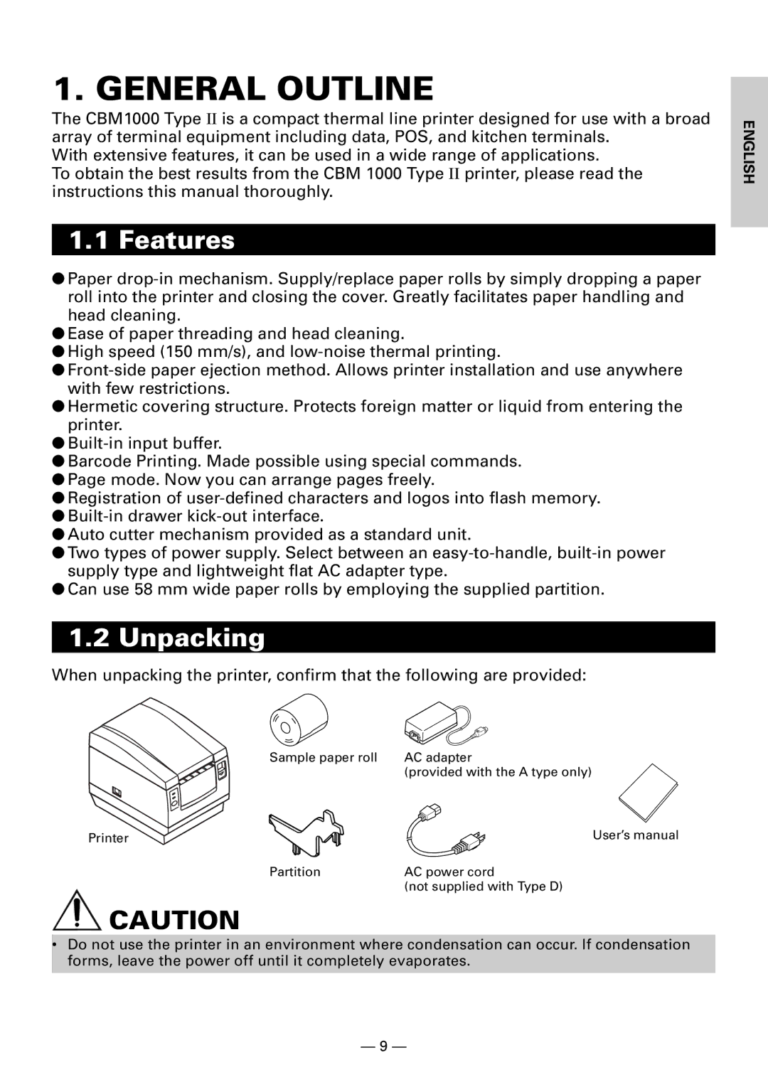 Citizen CBM1000II user manual General Outline, Features, Unpacking 