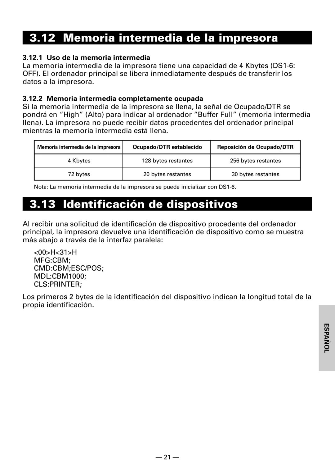 Citizen CBM1000II Memoria intermedia de la impresora, Identificación de dispositivos, Uso de la memoria intermedia 