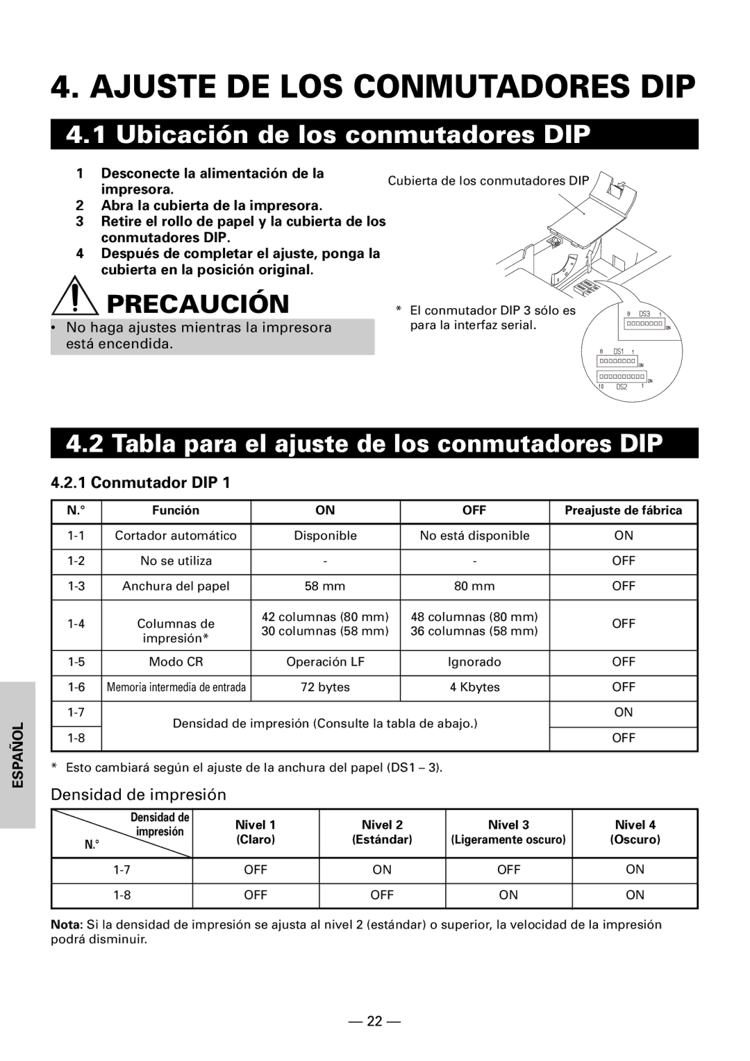 Citizen CBM1000II Ajuste DE LOS Conmutadores DIP, Ubicación de los conmutadores DIP, Conmutador DIP, Densidad de impresión 