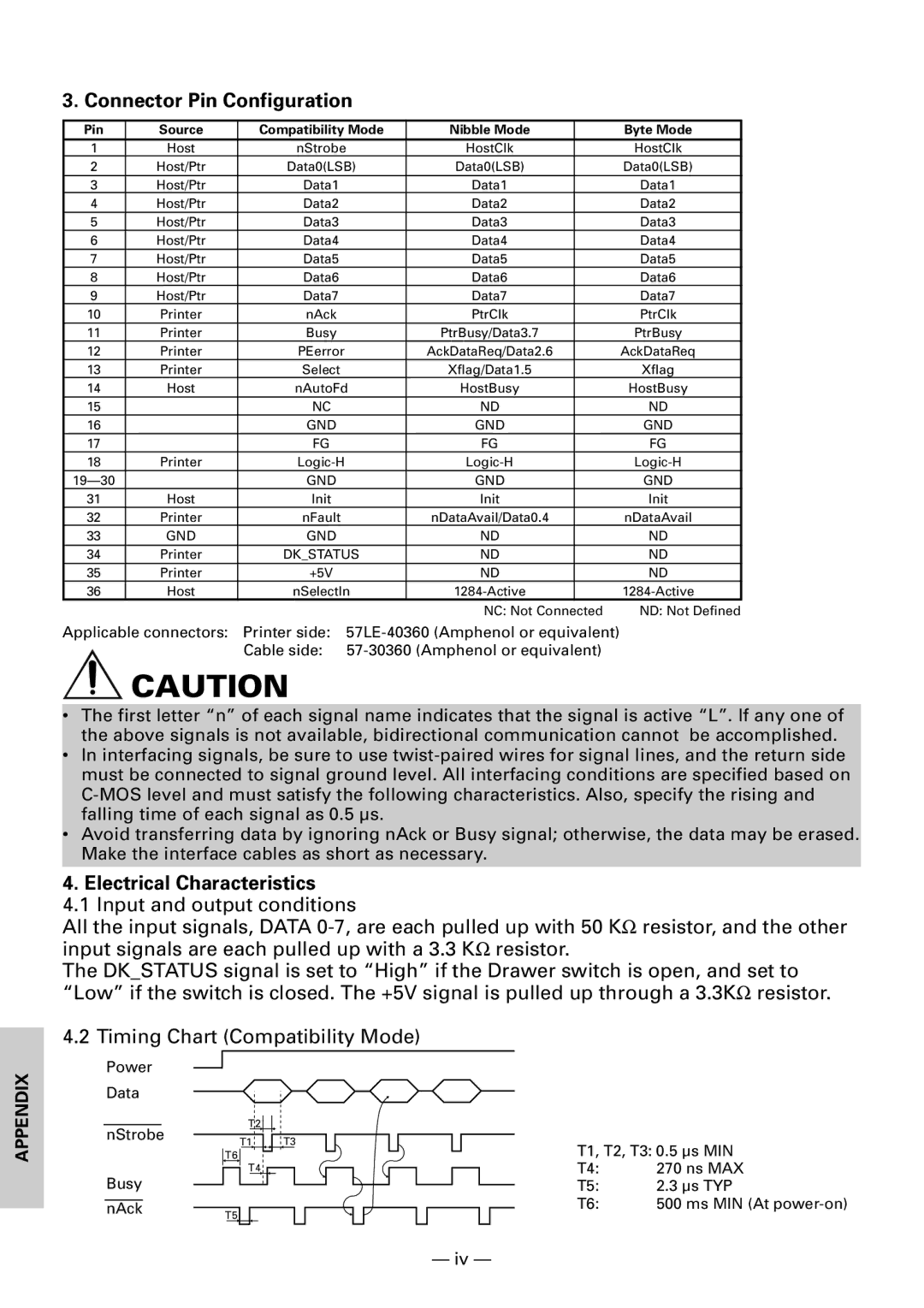 Citizen CBM1000II user manual Connector Pin Configuration, Electrical Characteristics 