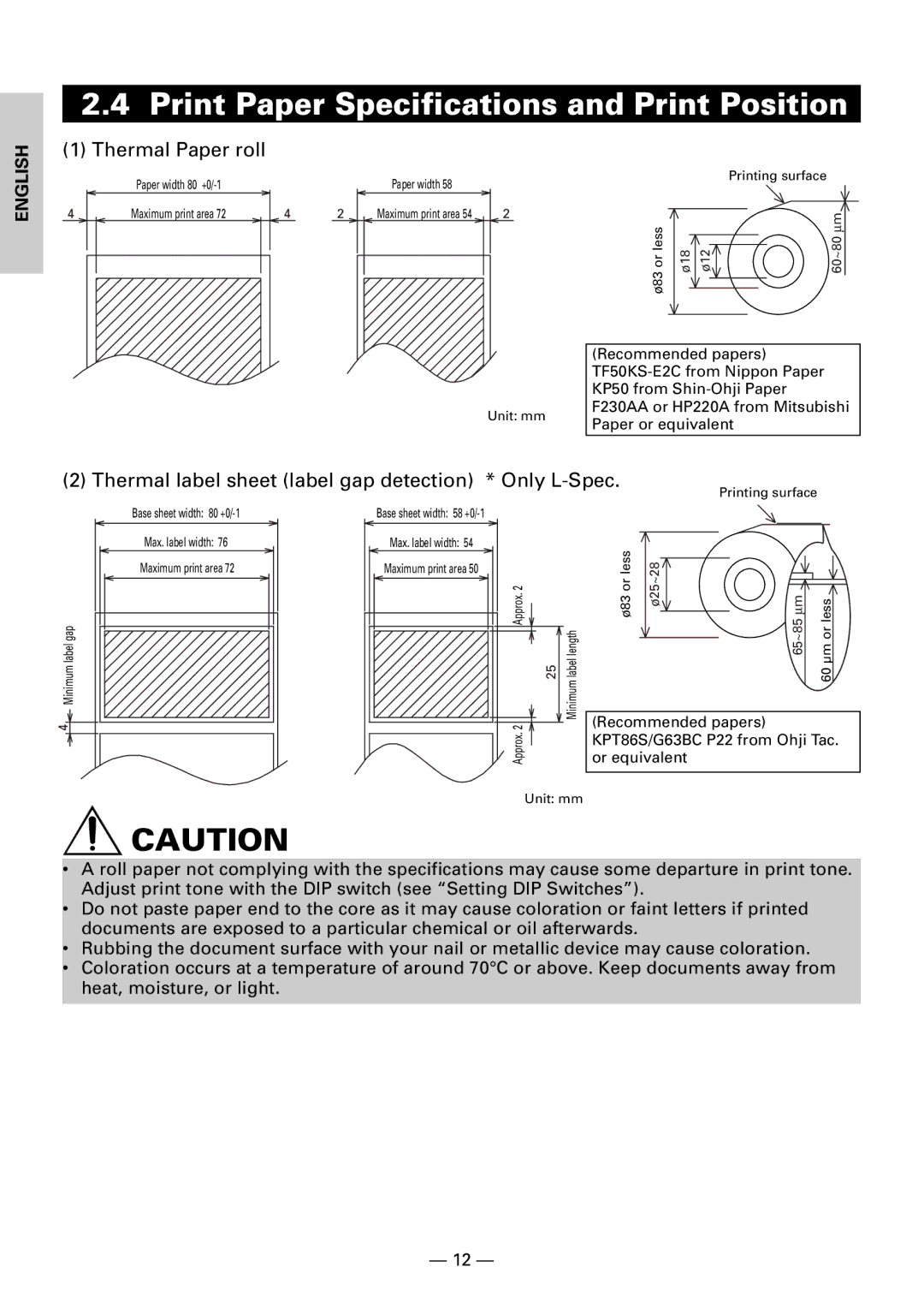 Citizen CBM1000II user manual Print Paper Specifications and Print Position, Thermal Paper roll 