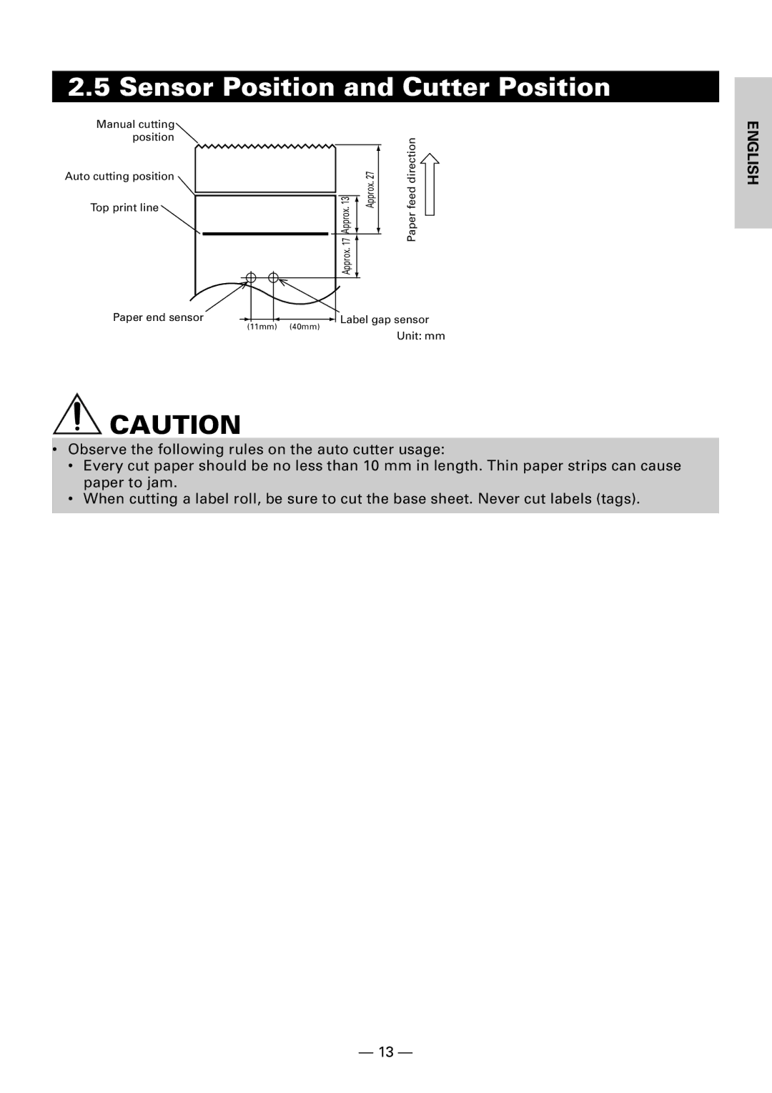 Citizen CBM1000II user manual Sensor Position and Cutter Position 