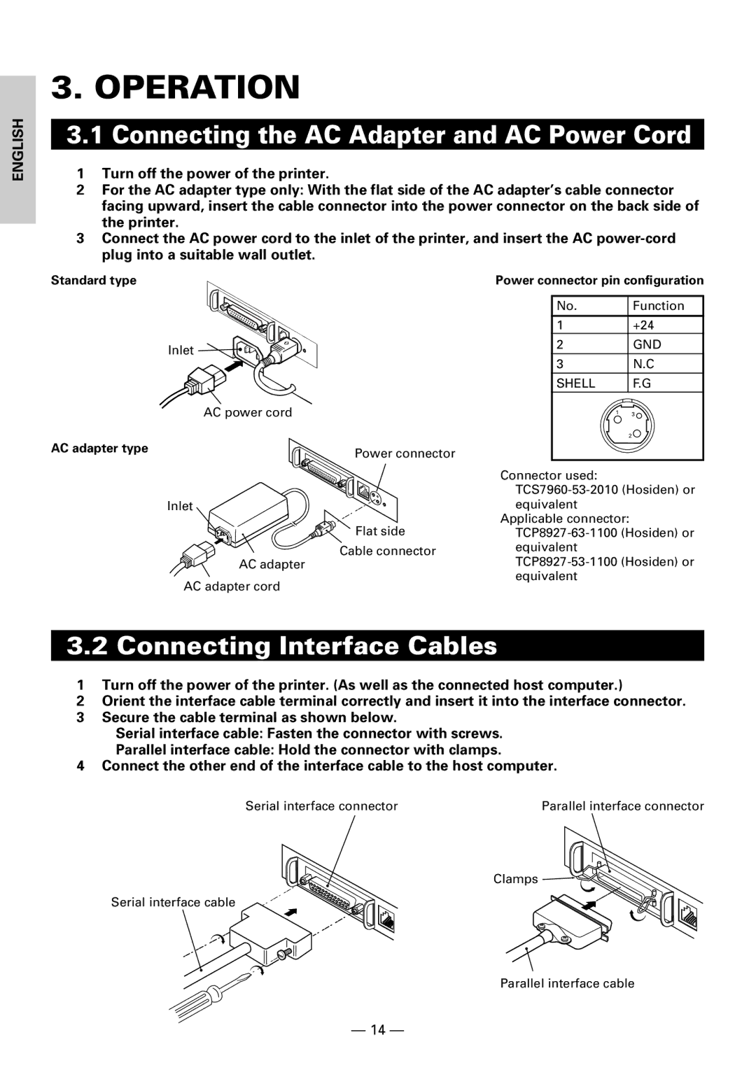 Citizen CBM1000II user manual Operation, Connecting the AC Adapter and AC Power Cord, Connecting Interface Cables 