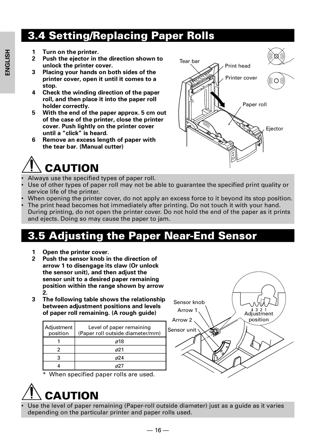 Citizen CBM1000II Setting/Replacing Paper Rolls, Adjusting the Paper Near-End Sensor, Unlock the printer cover, Tear bar 