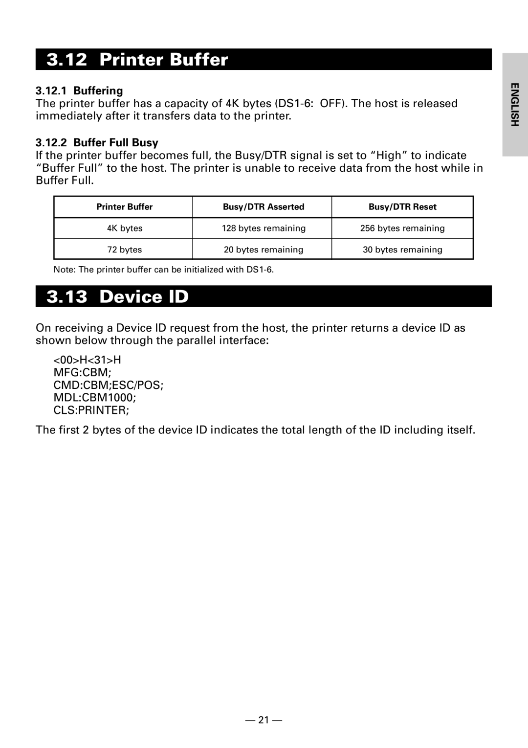 Citizen CBM1000II user manual Printer Buffer, Device ID, Buffering, Buffer Full Busy, MDLCBM1000 