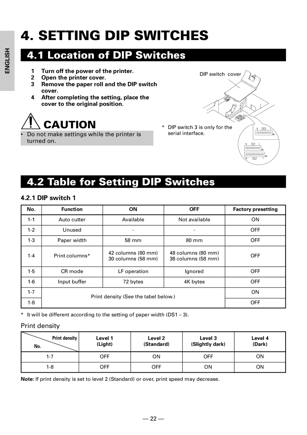 Citizen CBM1000II user manual Location of DIP Switches, Table for Setting DIP Switches, DIP switch, Print density 