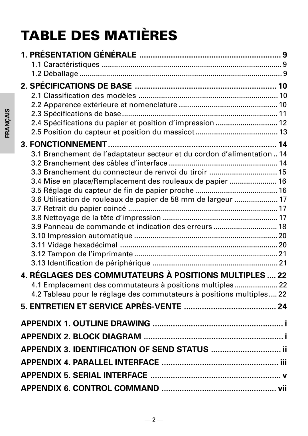 Citizen CBM1000II Table DES Matières, Caractéristiques Déballage, Classification des modèles, Spécifications de base 