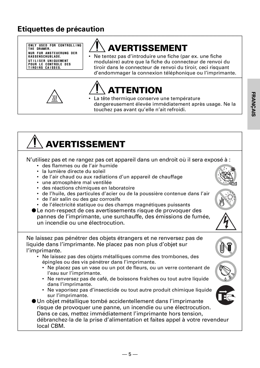 Citizen CBM1000II user manual Etiquettes de précaution 