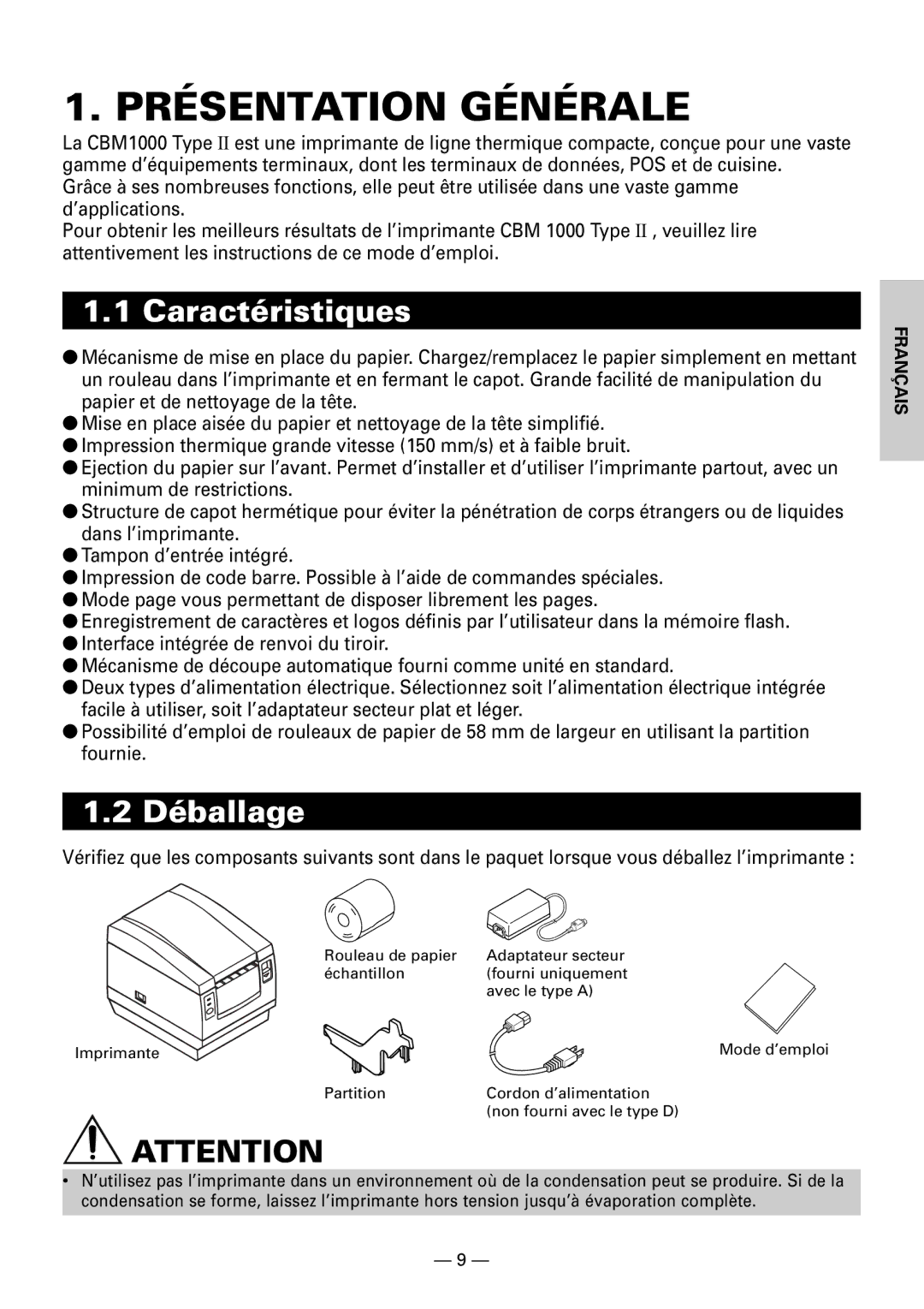 Citizen CBM1000II user manual Présentation Générale, Caractéristiques, Déballage 