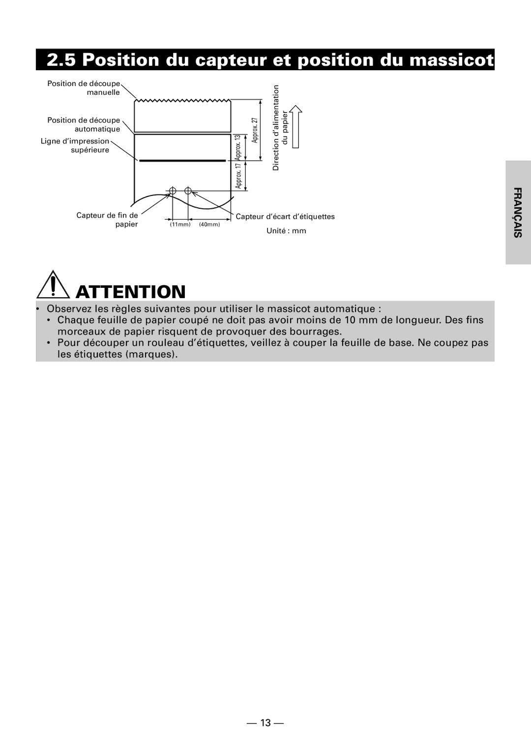 Citizen CBM1000II user manual Position du capteur et position du massicot 