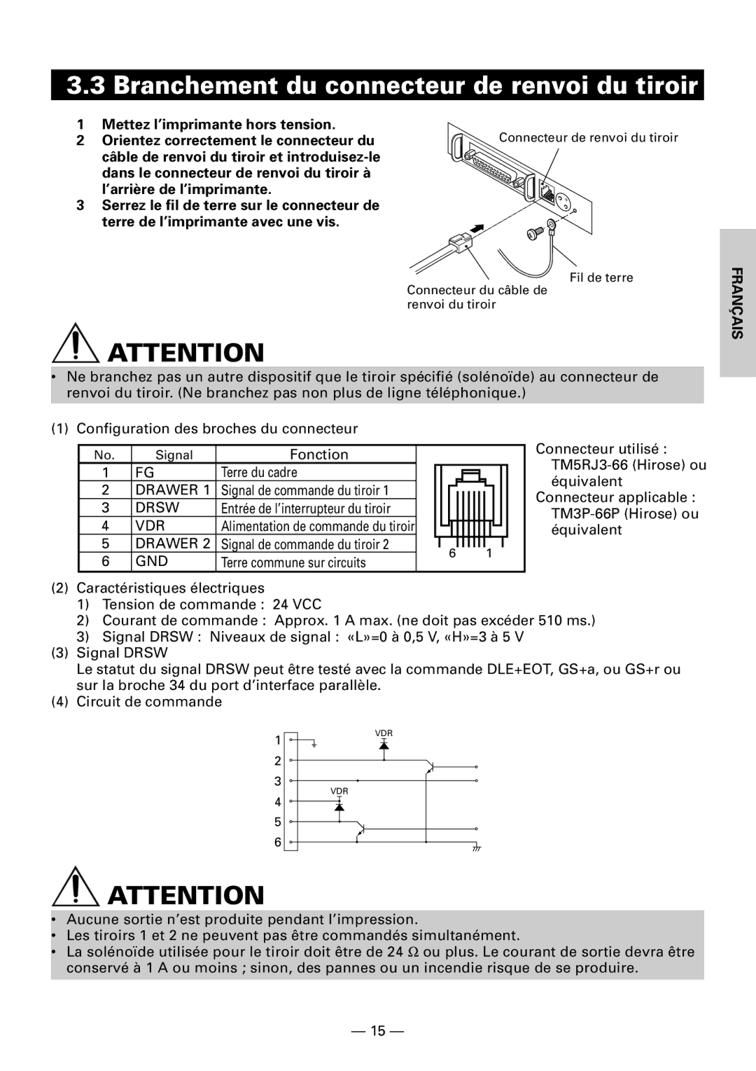 Citizen CBM1000II user manual Branchement du connecteur de renvoi du tiroir, Mettez l’imprimante hors tension 