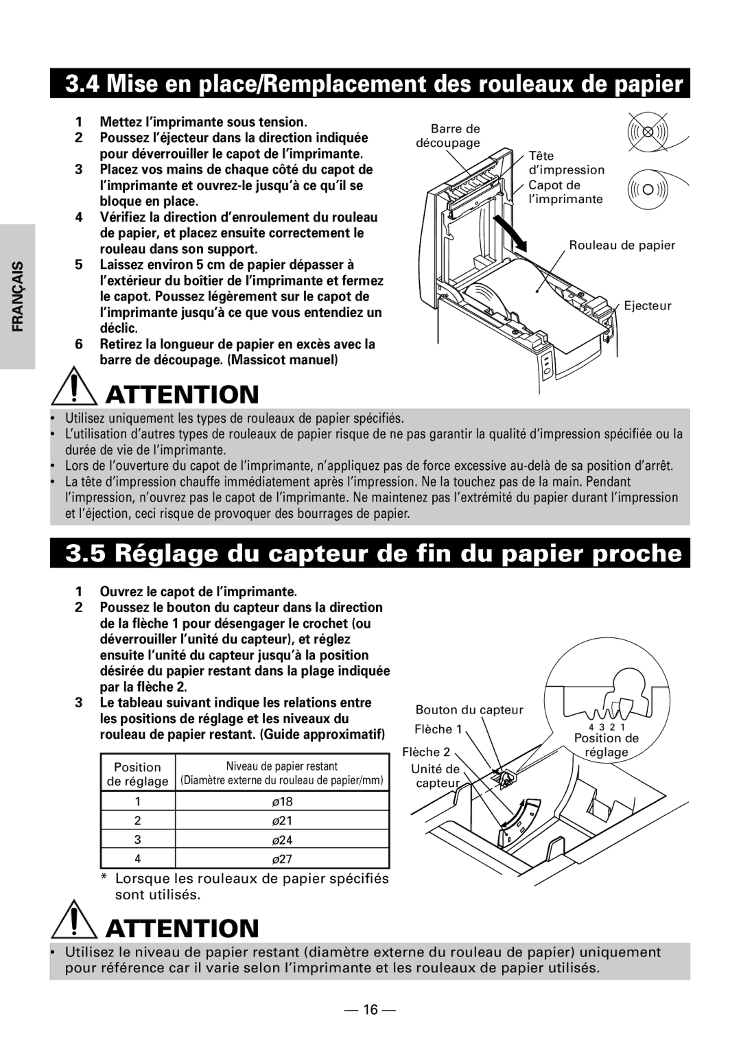 Citizen CBM1000II user manual Réglage du capteur de fin du papier proche, Mettez l’imprimante sous tension 