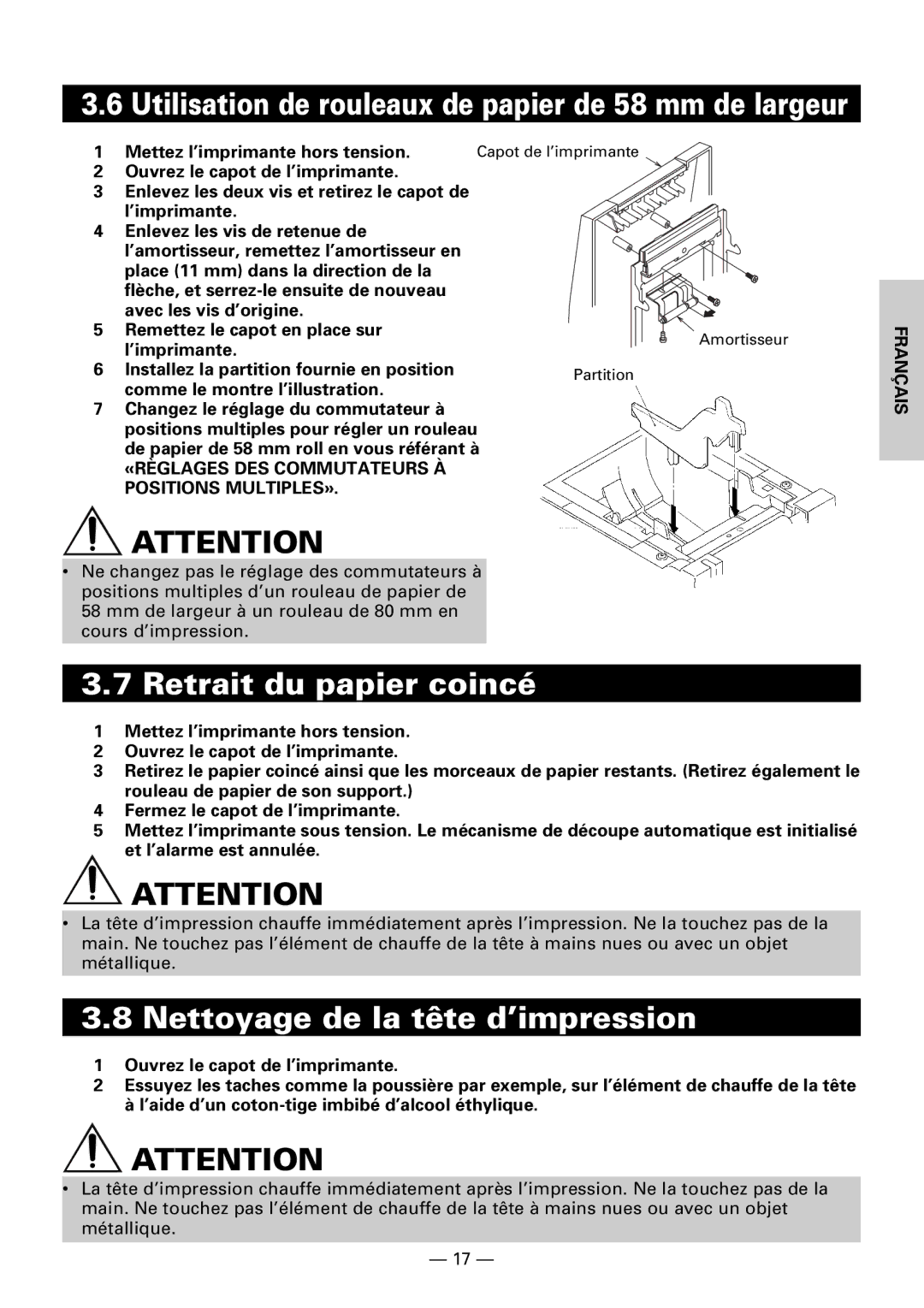 Citizen CBM1000II user manual Retrait du papier coincé, Nettoyage de la tête d’impression 