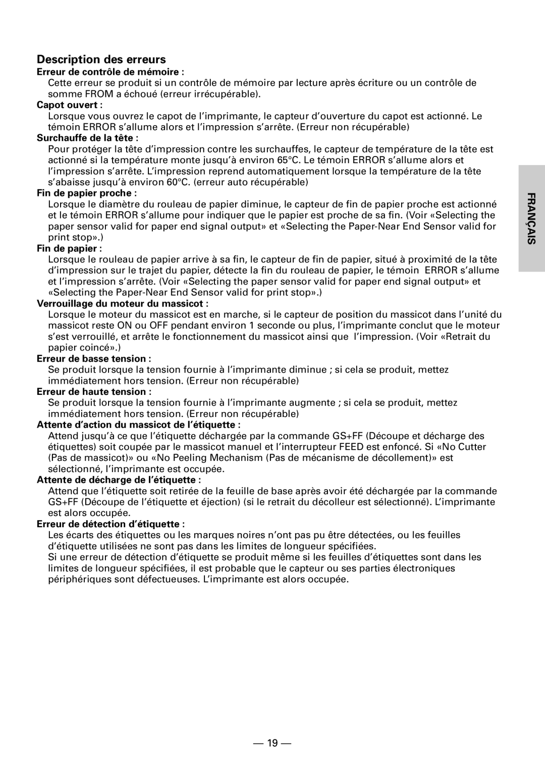 Citizen CBM1000II user manual Description des erreurs, Erreur de contrôle de mémoire 