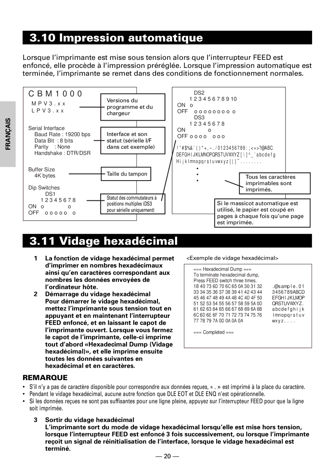 Citizen CBM1000II user manual Impression automatique, Vidage hexadécimal 