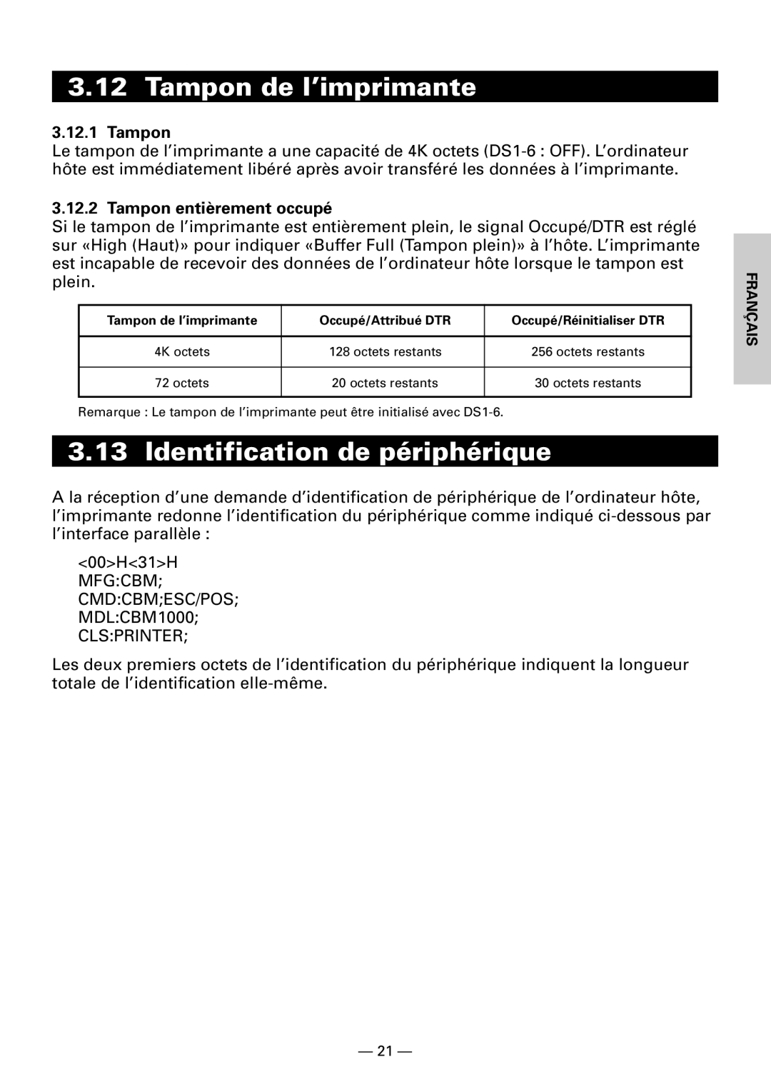 Citizen CBM1000II user manual Tampon de l’imprimante, Identification de périphérique, Tampon entièrement occupé 