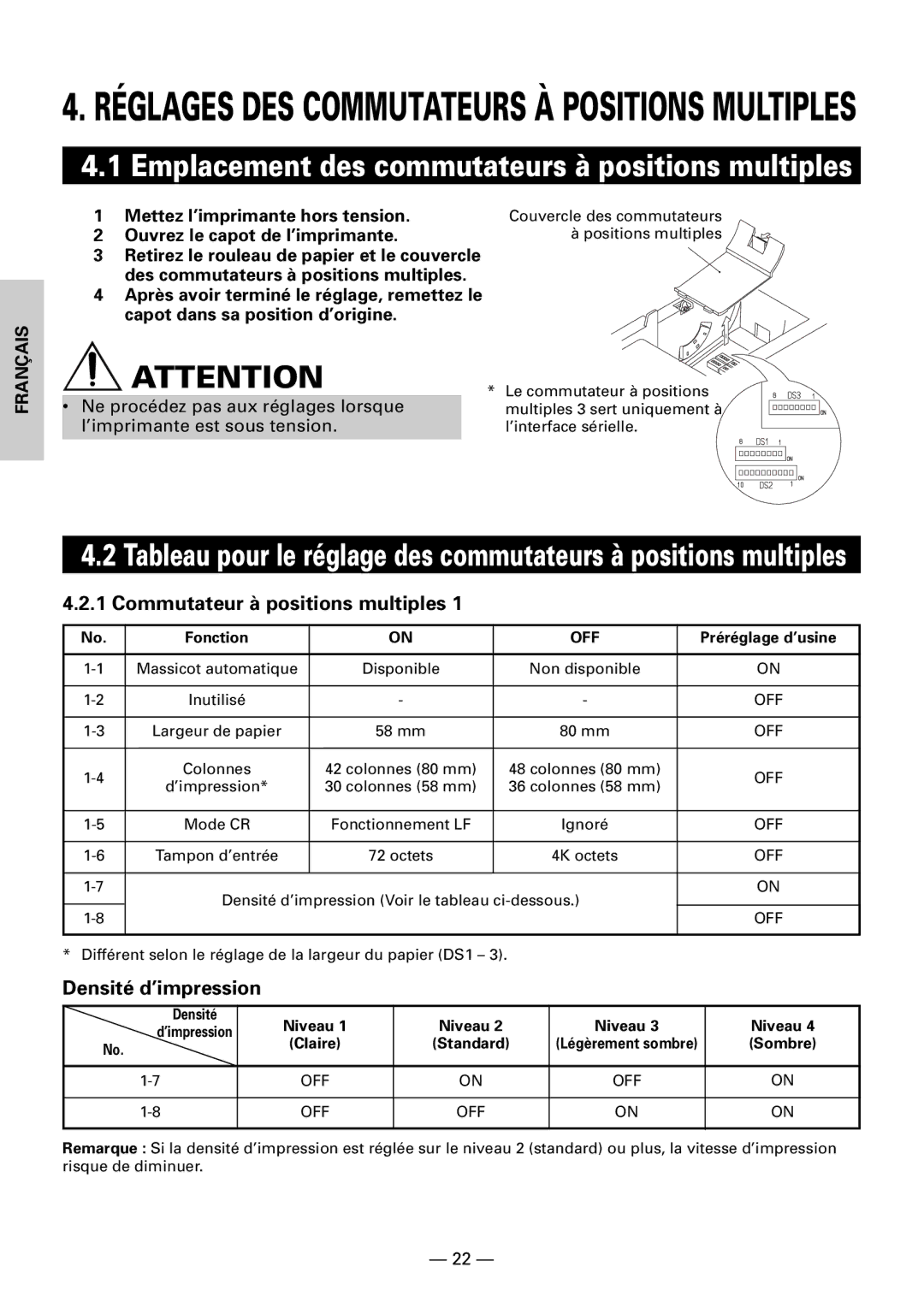 Citizen CBM1000II user manual Commutateur à positions multiples, Densité d’impression 