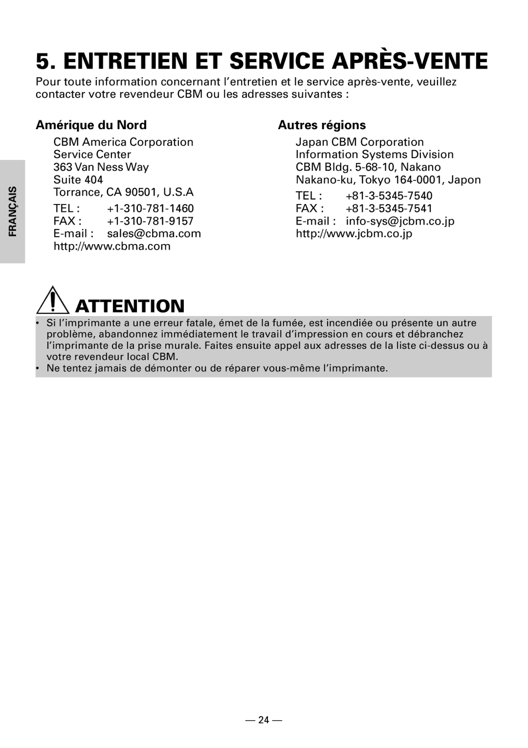 Citizen CBM1000II user manual Entretien ET Service APRÈS-VENTE, Mail sales@cbma.com 