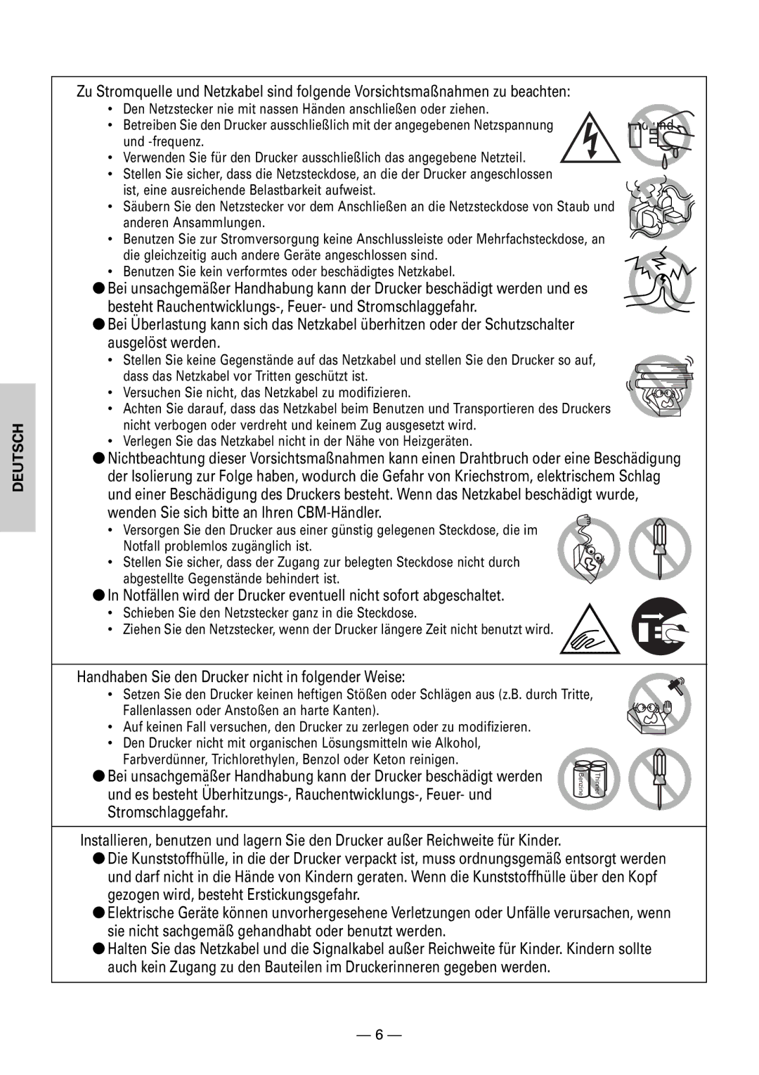 Citizen CBM1000II user manual Handhaben Sie den Drucker nicht in folgender Weise 